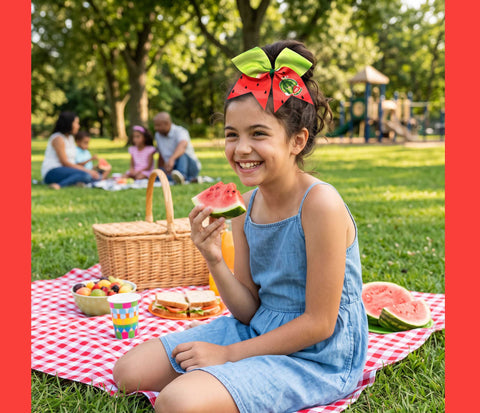 A young girl in a blue denim dress sits on a red-and-white checkered blanket at a park picnic, holding a slice of watermelon. A wicker picnic basket, fruit bowl, and drinks are on the blanket, with trees and other people blurred in the background.