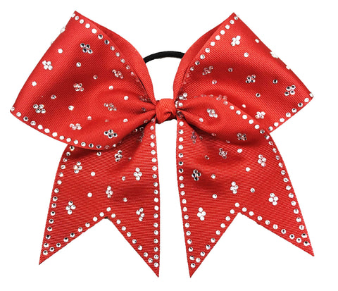 Red bow with clear silver rhinestones on a white background