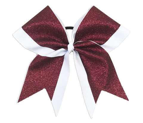 Maroon and white glittery cheer bow on a white background