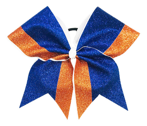 Royal Blue and orange glittery cheer bow on a white background