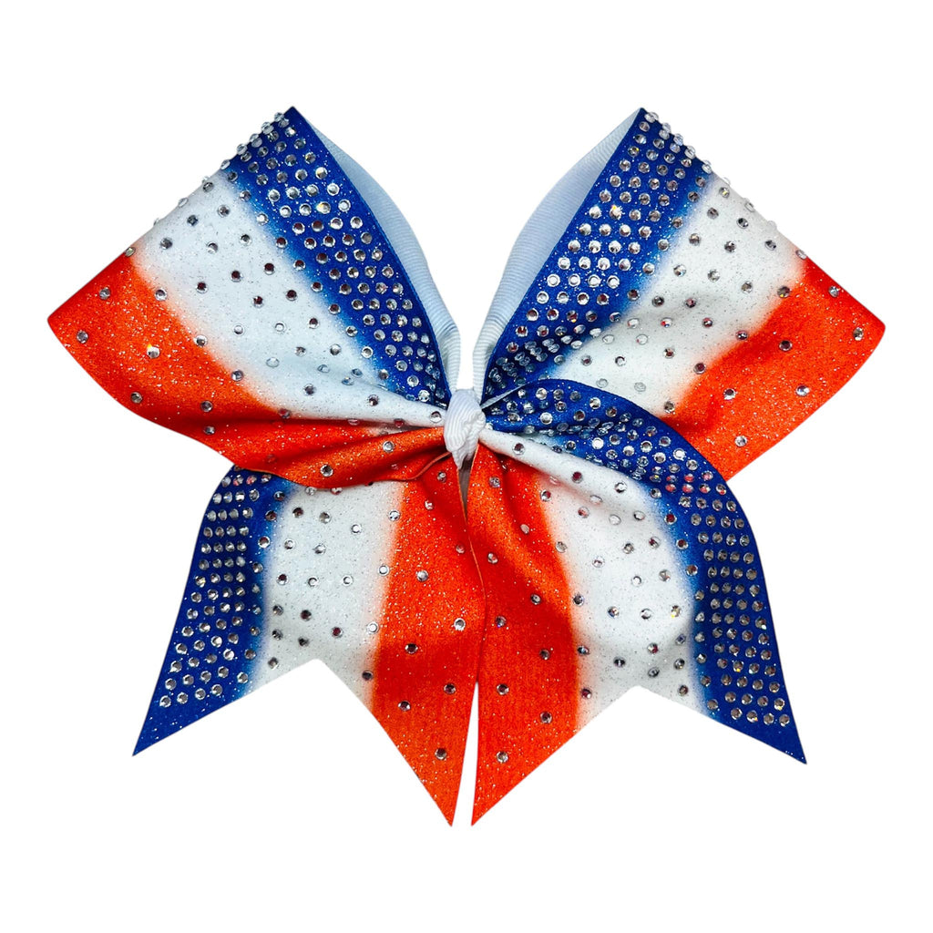 A cheerleader-style hair bow with three rows of ombre color, orange glitter outer loops, and blue glitter inner loops, all decorated with silver rhinestones.