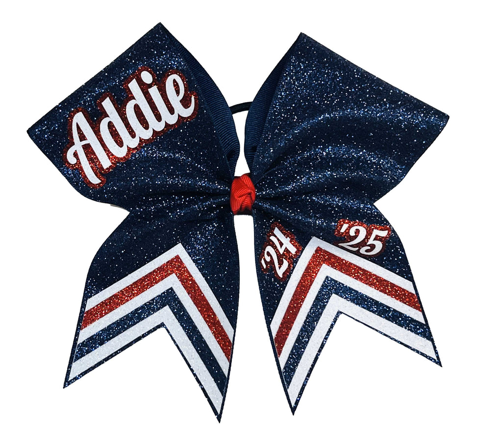 Triple V Full Glitter Cheer Bow | Personalized Cheer Bow | Team Cheer Bows | Navy and Red 