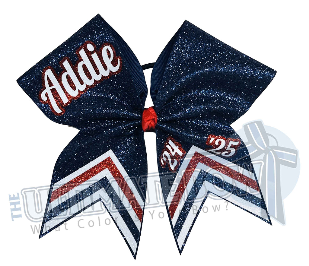 Triple V Full Glitter Cheer Bow | Personalized Cheer Bow | Team Cheer Bows | Navy and Red 