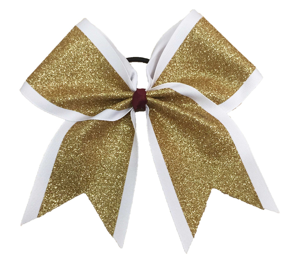 Gold glittery cheer bow with white accents on a white background