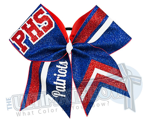 Varsity Ambition Glitter Cheer Bow | SidelIne Cheer Bow | School Competition Cheer Bow | Red, White and Blue Cheer Bow | Patriots Cheer Bow