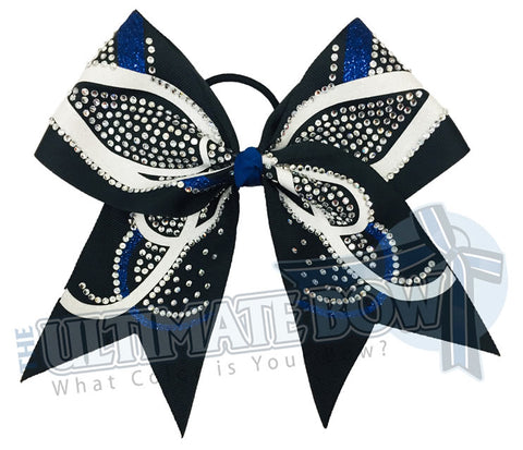 rhinestone-butterfly-effect-glitter-royal-black-White-cheer-bow - cheerleading hair bow