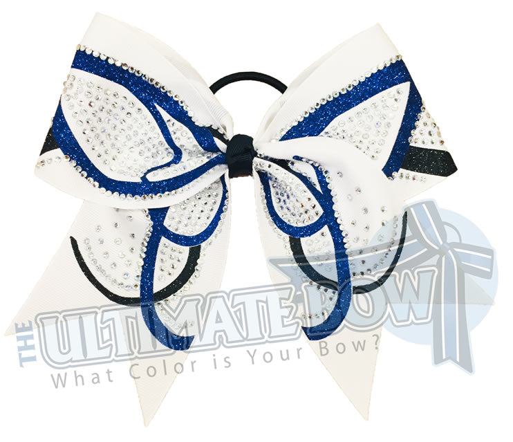 rhinestone-butterfly-effect-glitter-royal-white-black-cheer-bow - cheerleading hair bow