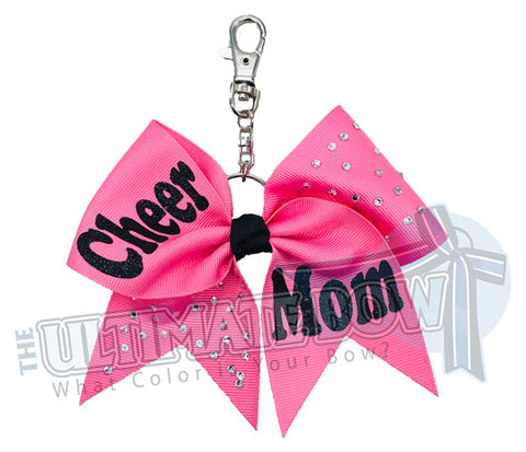 Rhinestones Cheer Mom Key Chain Bow | Hot Pink ribbon | Purse Bow | Backpack Accessory | Cheer Mom Rhinestone Key Chain Bow