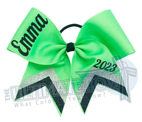 Chevron Cheer Bow | Personalized Cheer Bow | Class Year Cheer Bow | Class of 2023 | Neon Green Black Silver Senior Bow | cheer-bow-glitter-varsity-cheer-softball-school-recreational-cheer