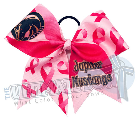 Breast Cancer Awareness sublimated logo cheer bow | personalized cheer bow | custom logo | white logo cheer bow | softball | Pink hair bow | Custom Ink | Jupiter Mustangs