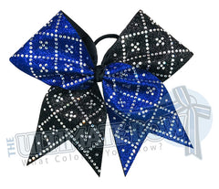 Double Diamond Deluxe Glitter Rhinestone Cheer Bow | Royal Blue and Black Full Glitter | Diamond Rhinestones | Competition Cheer Bow |