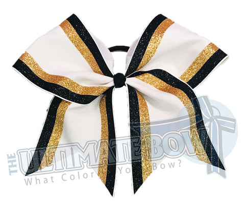 Double edge glitter stripes black glitter | gold glitter white-cheer-bow-glitter-varsity-cheer-softball-school-recreational-cheer