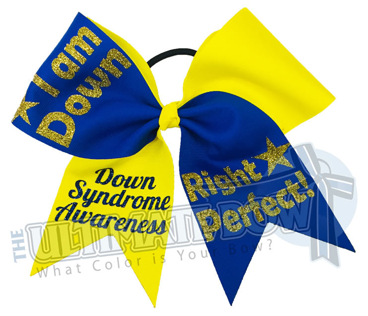 I Am Down Right Perfect - Down Syndrome awareness cheer bow - I wear Blue and Yellow for Down Syndrome - social awareness cheer bows - Special Needs Cheerleading