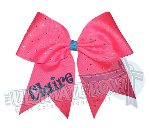 personalized-rhinestone-cheer-bow-exclusively-mine-bow-neon-pink-turquoise-glitter