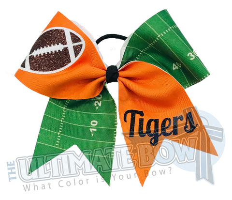First and Goal Football Cheer Bow | Friday Night Lights Cheer Bow | High School Cheerleading | Recreational Cheerleading | Orange Cheer Bow | Sublimated Football Field