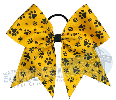 sublimated  paw print cheer bow | Paw Print cheer bow | yellow gold and black cheer bow | softball | Sports hair bow