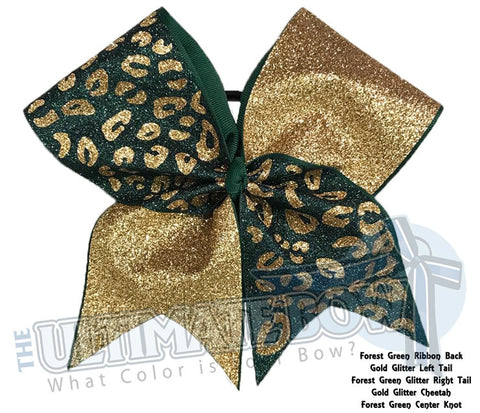 Full Glitter Cheetah Cheer Bow | Forest Green and Gold Cheer Bow | Competition Cheer Bow | Animal Print Cheer Bow
