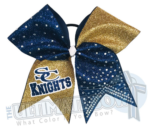 Glitter Squad Team Cheer Bows | Glitter and Rhinestone | Personalized Cheer Bows | Warriors Cheer Bow | Navy and Gold vCheer Bow