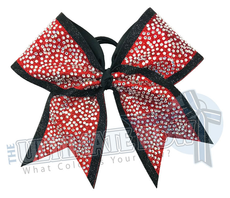 Glitter Trimmed Rhinestone Penthouse Cheer Bow | Red Black Glitter | Covered in Rhinestones | Competition Cheer Bow | Blinged Out Cheer Bow
