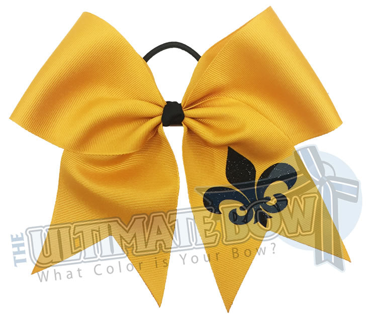 fleur de lis glitter cheer bow - fleur de lis cheer bow - mardi gras bow - cheerleading hair bow - Saints cheer bow - New Oreans hair bow