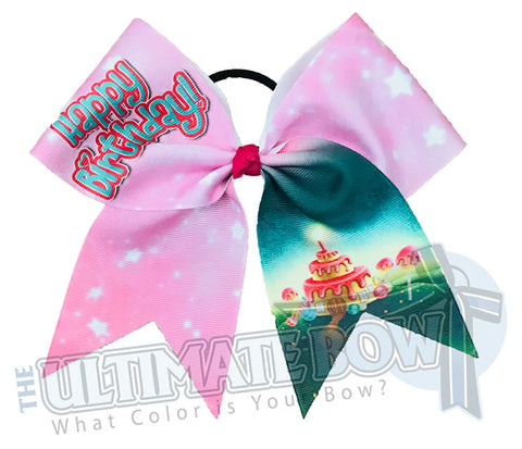 Happy Birthday Cheer Bow | Happy Birthday Cake Castle | Happy Birthday Hair Bow | Pink Teal Birthday Bow