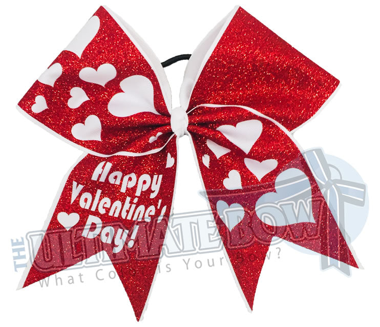 Happy Valentine's Day Linen Ribbon 2.5 - Red Glitter Hearts