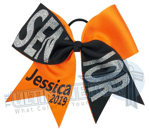 Senior-year-class-2019-Tick Tock-glitter-personalized-cheer-bow-softball-bow-practice-bow-cheerleading Bow - Orange - Black - Silver - Jessica