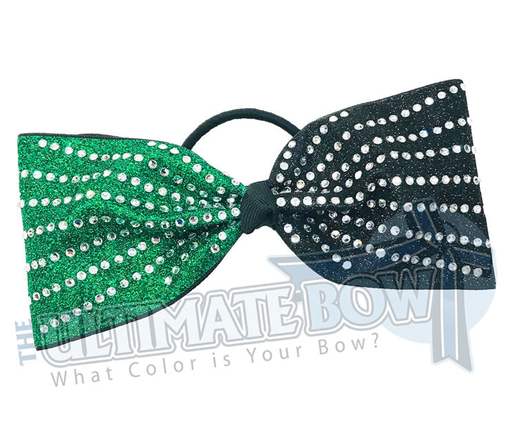 rhinestone-glitter-black glitter | Emerald Green glitter -crystal-clear-rhinestones-just-loops-tailless-no-tails-cheer-bow-full-glitter-cheer bows
