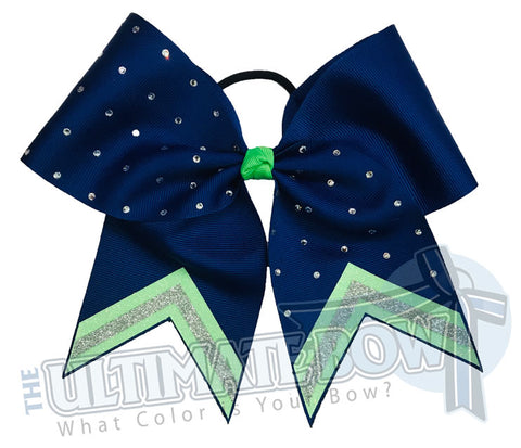 Leader of the Pack Glitter V Cheer Bow | High School Cheer Bow | Rhinestone Glitter Cheer Bow | Royal Blue and Neon Green Cheer Bow | Seahawks Cheer Bow