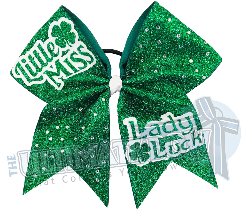 Little-Miss-Lady Luck cheer-glitter-rhinestone-emerald-Texas-sized-st. patricks day-cheer-bow-softball-bow-holiday-hair-bow