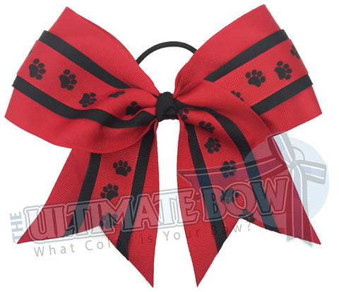 mighty-roar-paw-print-ribbon-cheer-bow-black-red cheerleading hair bow | paw print hair bow