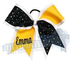 My Sparkling Rhinestone Cheer Bow | Personalized Rhinestone Cheer Bow | Personalized Softball Hair Bow | Black Yellow Gold White Cheer Bow