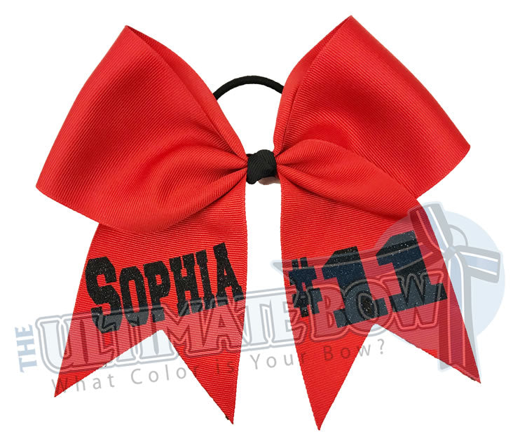 Name and Number Hair Bow | Personalized Team Softball Bows | Team Name | Player Number | Red Ribbon | Black Glitter | Personalized