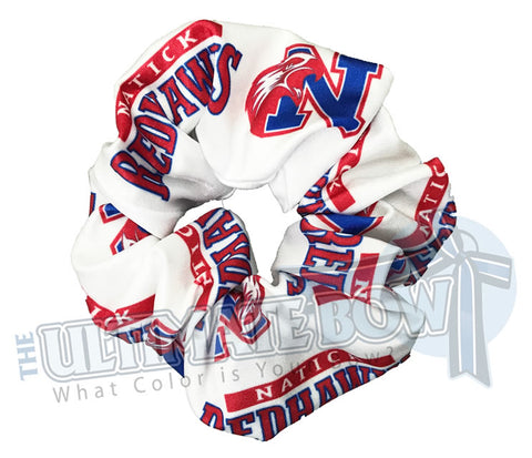 custom printed scrunchies | sublimate scrunchies | logo scrunchies | two color logos | Natick Redhawks