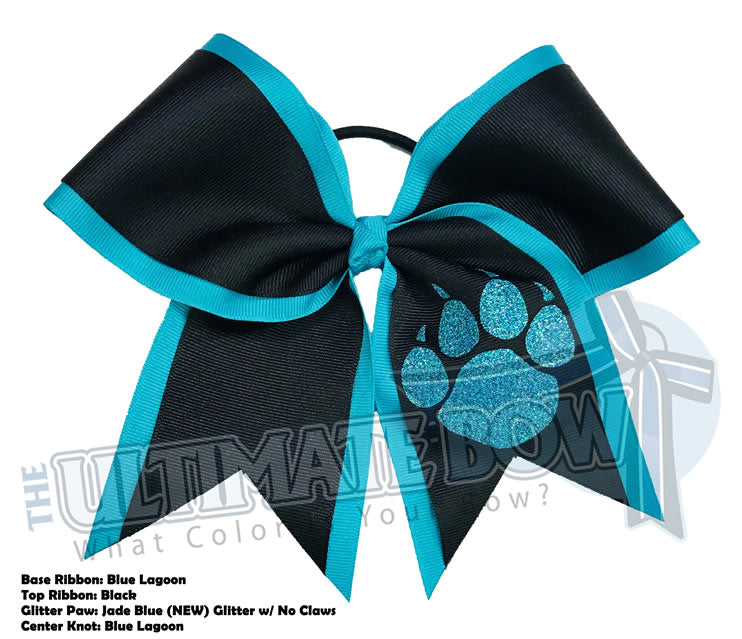 Texas sized-glitter-paw-print-cheer bow-softball bow-| Jade | Blue Lagoon | Teal | Mermaid Glitter | paw prints mascot lions tigers bears panthers cougars bulldogs | Paw print Cheer Bow