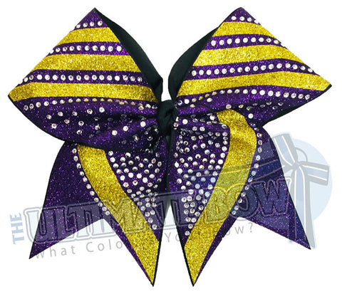 rhinestone-glitter-trending angles-Purple - Yellow gold glitter -crystal clear rhinestones -cheer-bow-full-glitter-cheerleader hair bow