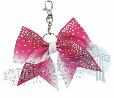 hot pink white ombre ribbon rhinestone keychain - cheer bow key chain bow - purse- bling