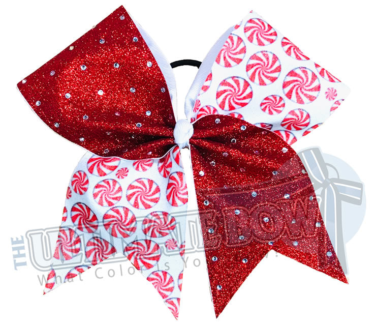 Rhinestone Peppermint Swirl Glitter Cheer Bow | Christmas Cheer Bow | Peppermint Candy Sublimated Cheer Bow | Red and White Cheer Bow