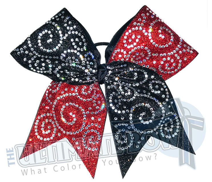 Rhinestone Super Swirls Cheer Bow | Rhinestone and Glitter | Full Glitter and Swirl Rhinestones | Red and Black Glitter Cheer Bow | Competition Cheer Bow