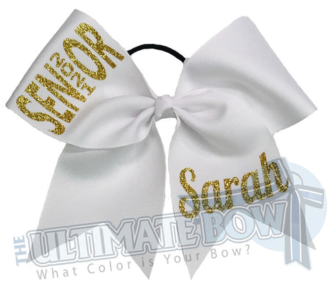 Rise Above Senior Cheer Bow | Senior Year Cheer Bow | graduation cheer bow | class of 2021 | personalized-cheer-softball-bows-high-school | White and Gold Cheer Bow
