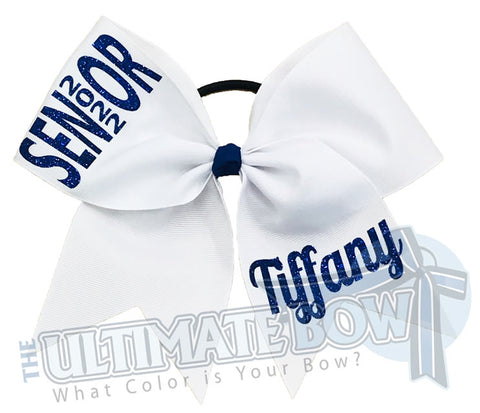 Rise Above Senior Cheer Bow | Senior Year Cheer Bow | graduation cheer bow | class of 2022 | personalized-cheer-softball-bows-high-school | White and Royal Cheer Bow