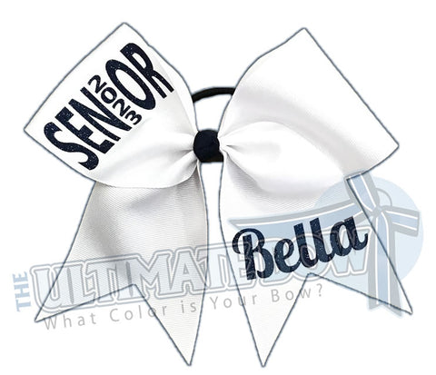 Rise Above Senior Cheer Bow | Senior Year Cheer Bow | graduation cheer bow | class of 2023 | personalized-cheer-softball-bows-high-school | White and Navy Cheer Bow