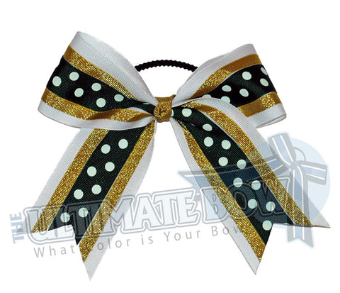 sideline-sizzle-cheer-bow-white-metallic-gold-forest-green-polka-dots