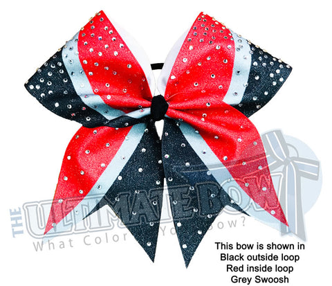 Sublimated Swoosh Glitter and Rhinestone Cheer Bow | Sublimated Custom Cheer Bow | Red Black Grey Cheer Bow