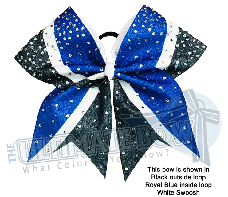 Sublimated Swoosh Glitter and Rhinestone Cheer Bow | Sublimated Custom Cheer Bow | Royal Blue Black White Cheer Bow