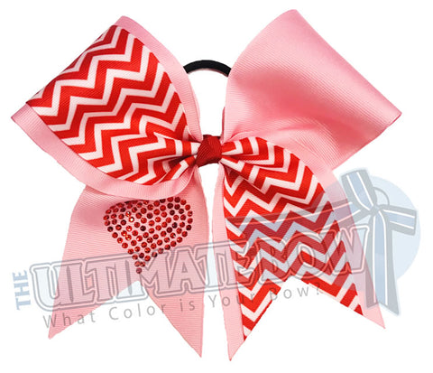Superior Chevron Rhinestone Heart Valentine's Day Cheer Bow | Rhinestone Hearts | Valentine's Day Hair Bow | Pink and Red Cheer Bow