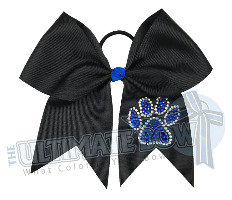 Paw Print Cheer Bow | Black and Royal Cheer Bow | superior-rhinestone-paw-print-black-cobalt-crystal-cheer-bow