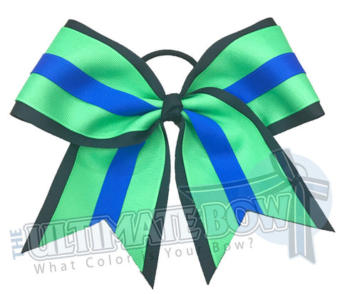 Superior Spirit Stripe Cheer Bow | Black Neon Green and Electric Blue Cheer Bow | Three Color Cheer Bow | Solid Ribbon Cheer Bows | Football Sideline Cheer Bow