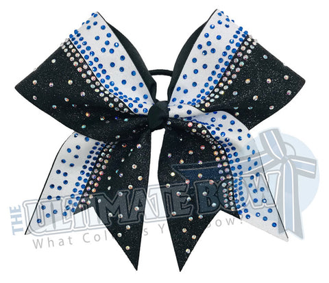 White and Black Glitter Cobalt Rhinestone Cheer Bow | Rhinestone and Glitter Cheer Bow | Competition Glitter Cheer Bow