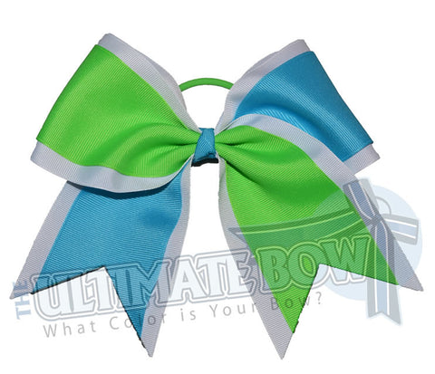 Superior Summer Splits Cheer Bow | Turquoise and Neon Green Cheer Bow | Solid Ribbon Cheer Bows | White, Turquoise and Neon Green Softball Bows